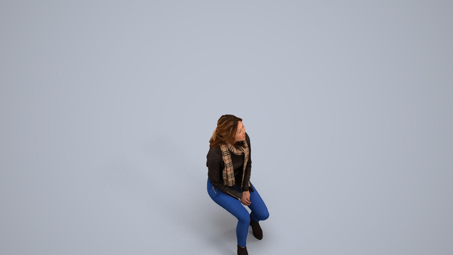 3D human model woman casual sitting, photogrammetry scanned person for archviz, back view render