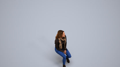 3D human model woman casual sitting, photogrammetry scanned person for archviz, back view render