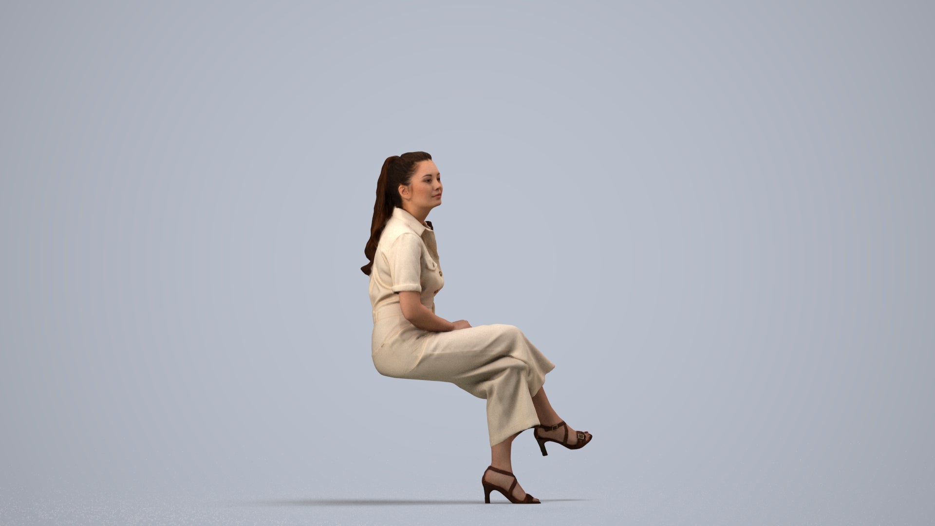 3D scanned woman sitting formal, photorealistic archviz people for Enscape and SketchUp, side view render