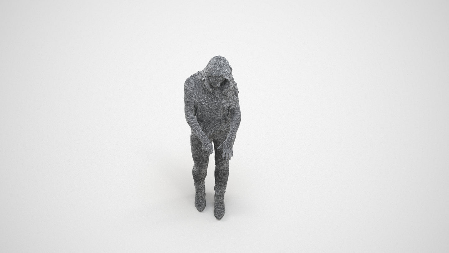 realistic 3D woman casual standing, scanned archviz people for Blender and 3ds Max, wireframe three-quarter view