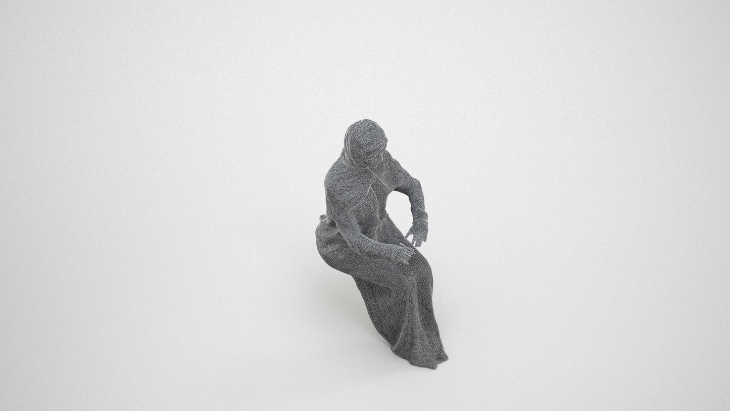 photogrammetry 3D woman sitting, realistic human model archviz FBX, wireframe three-quarter view
