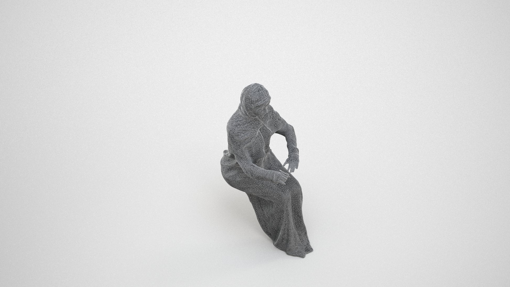 photogrammetry 3D woman sitting, realistic human model archviz FBX, wireframe three-quarter view