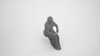 photogrammetry 3D woman sitting, realistic human model archviz FBX, wireframe three-quarter view