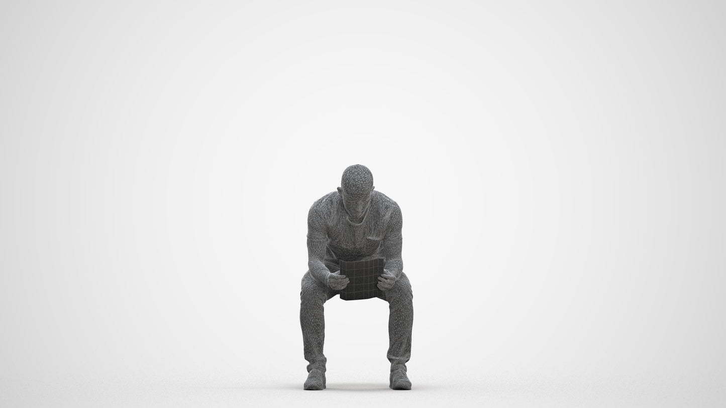 realistic 3D human man casual sitting, archviz people FBX OBJ for Blender, three-quarter front view render
