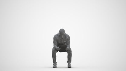 realistic 3D human man casual sitting, archviz people FBX OBJ for Blender, three-quarter front view render