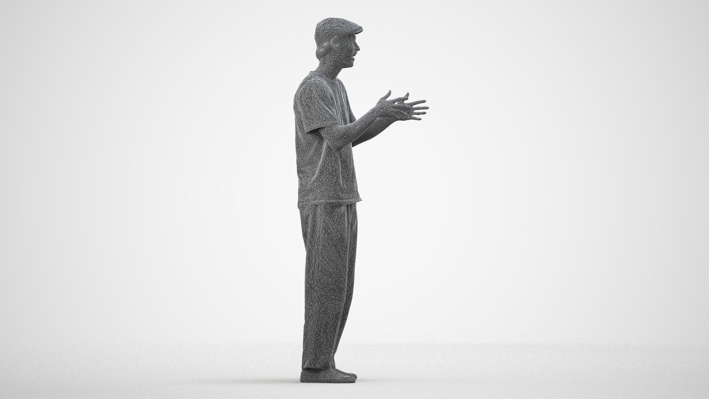 3D people model man casual standing, scanned human for 3ds Max rendering, wireframe side view