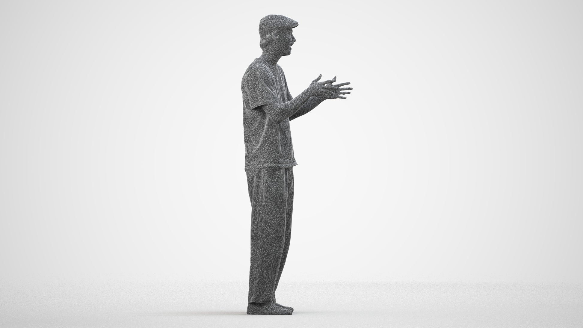 3D people model man casual standing, scanned human for 3ds Max rendering, wireframe side view