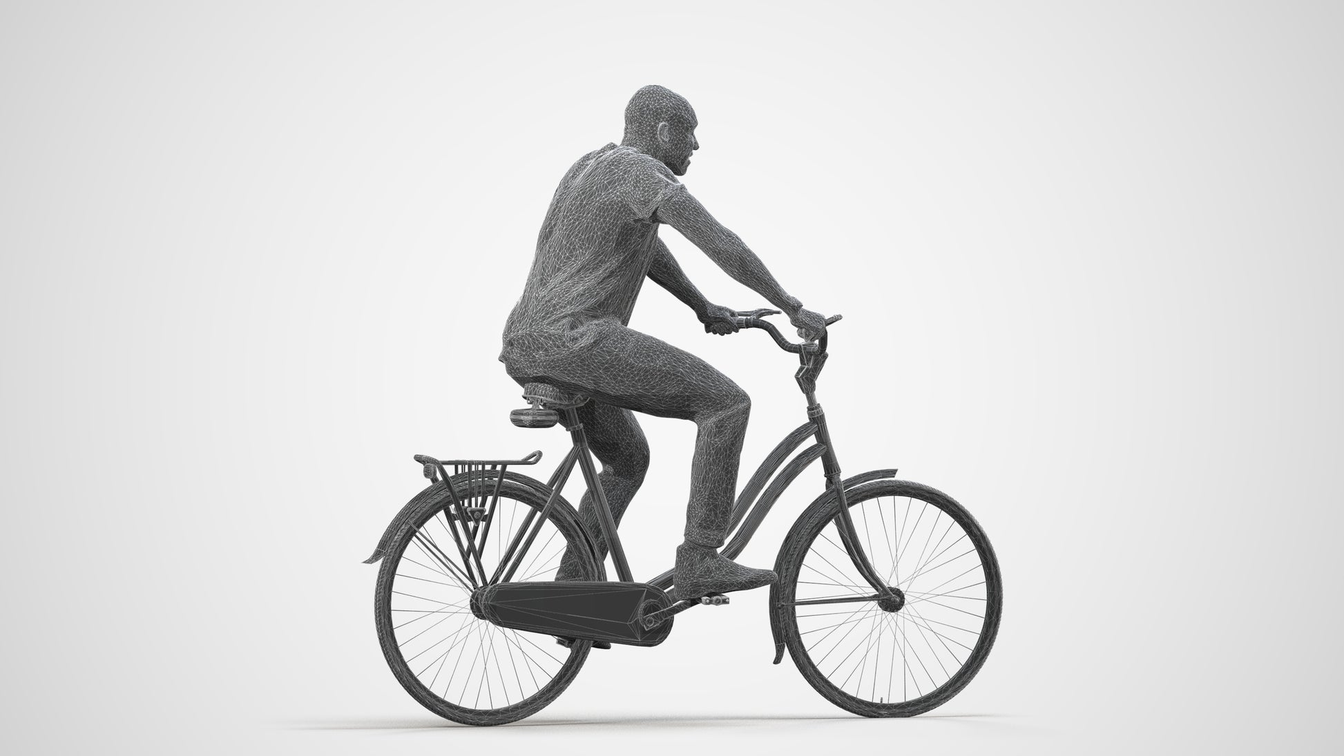 realistic 3D man casual cycling, scanned archviz people for Blender and 3ds Max, wireframe side view