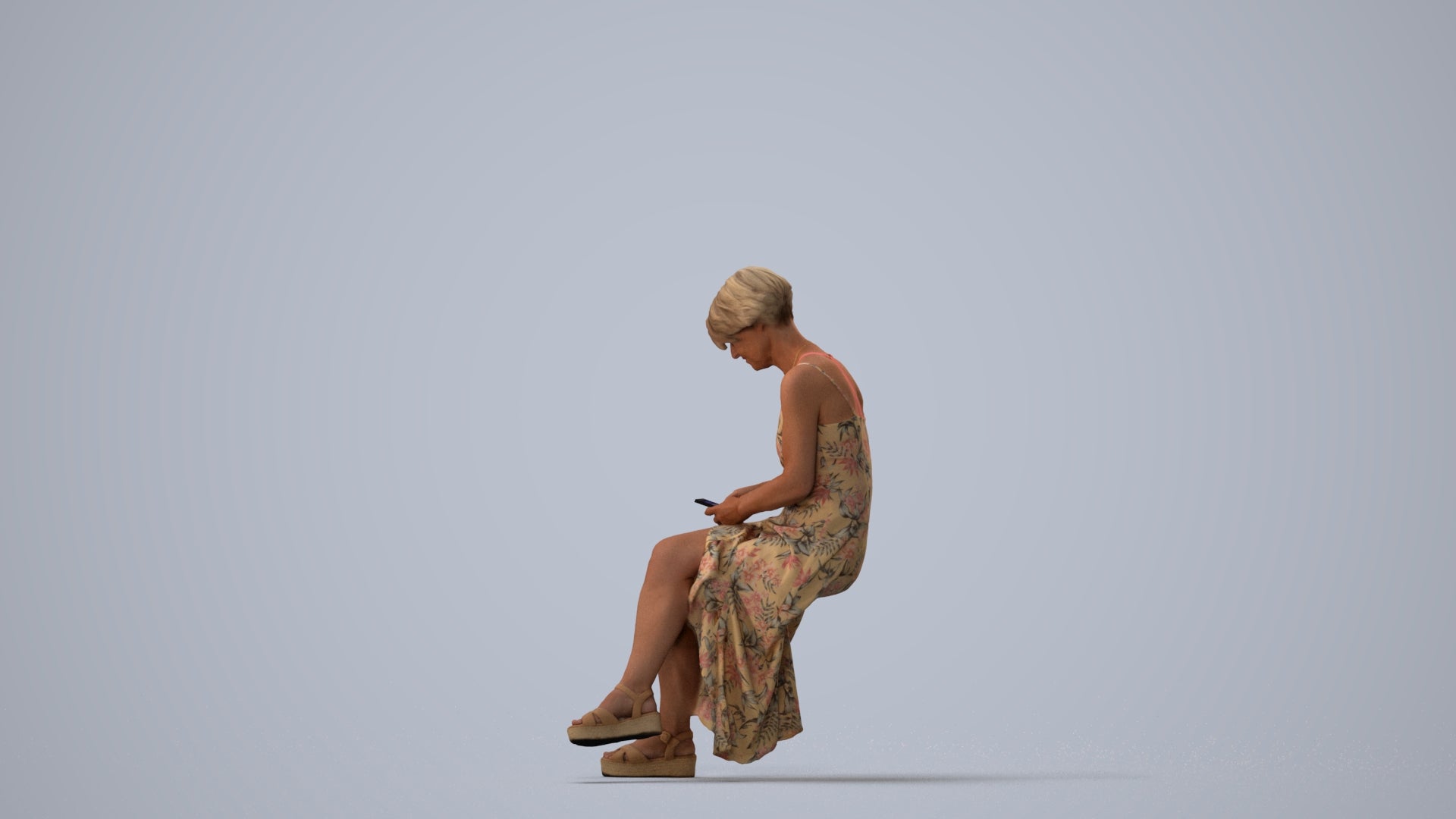 photogrammetry 3D senior woman sitting, realistic human model archviz FBX, three-quarter view render