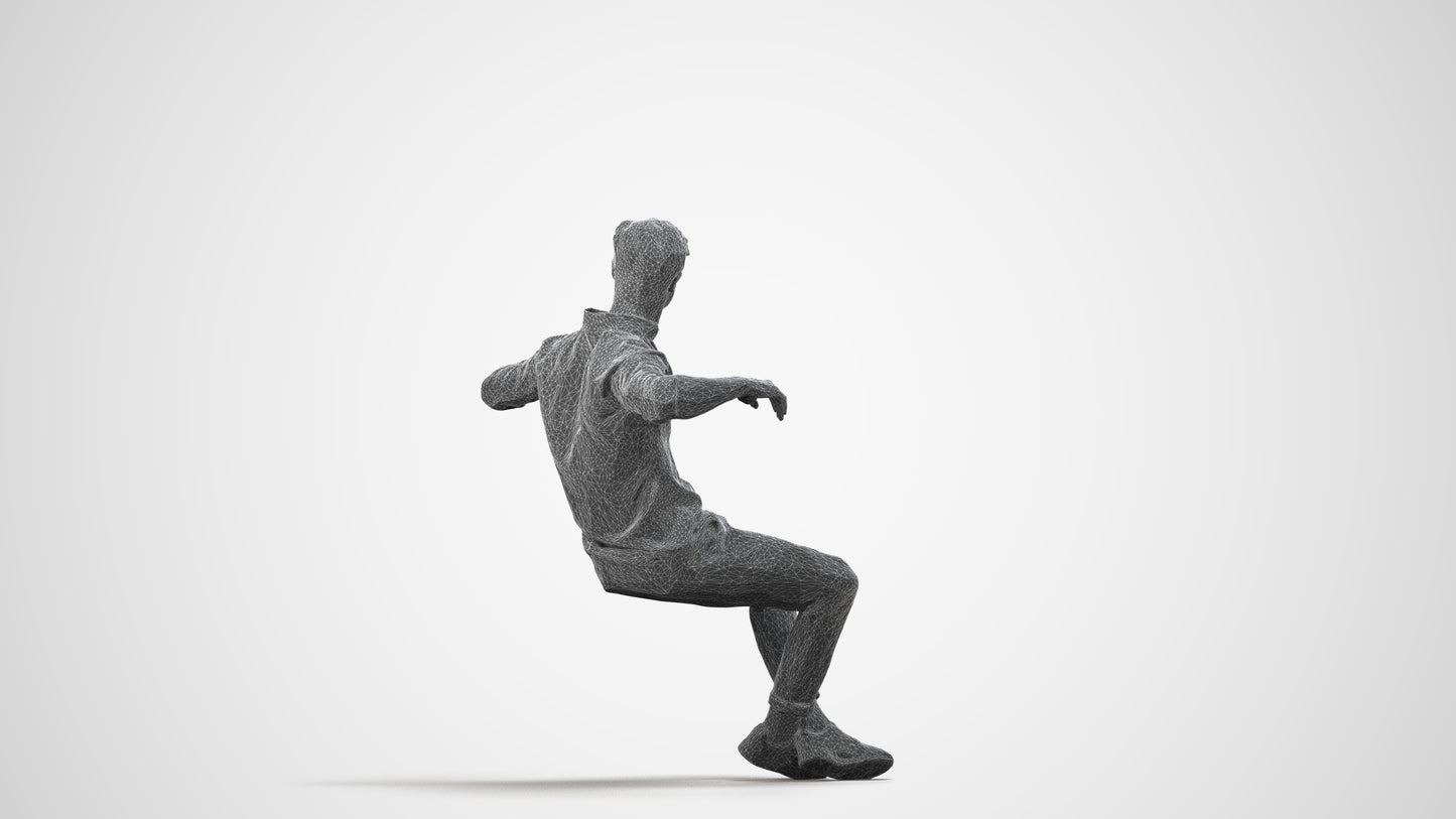 realistic 3D man casual sitting, scanned archviz people for Blender and 3ds Max, wireframe side view