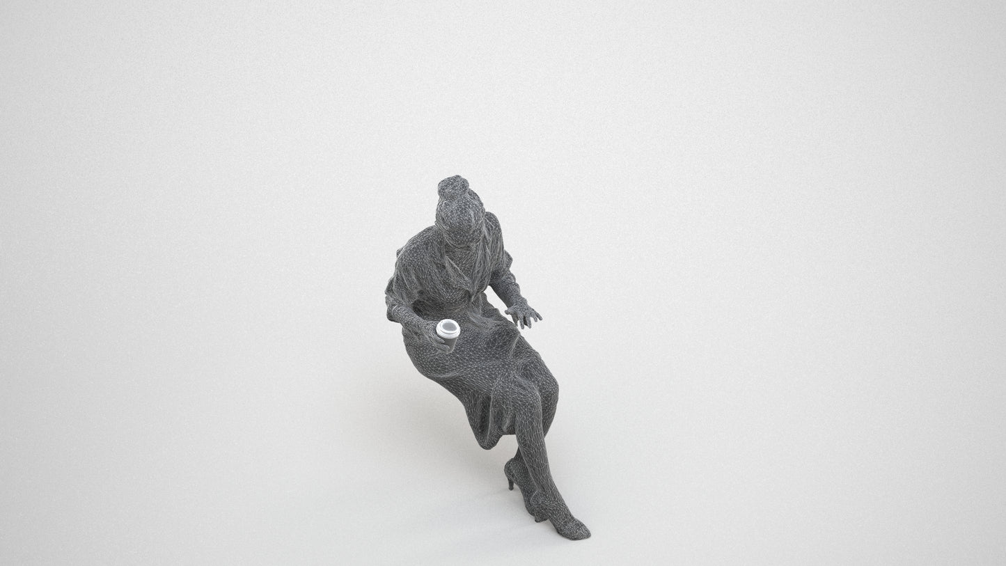 realistic 3D people woman casual sitting, render-ready for V-Ray and Corona, FBX OBJ, wireframe three-quarter view