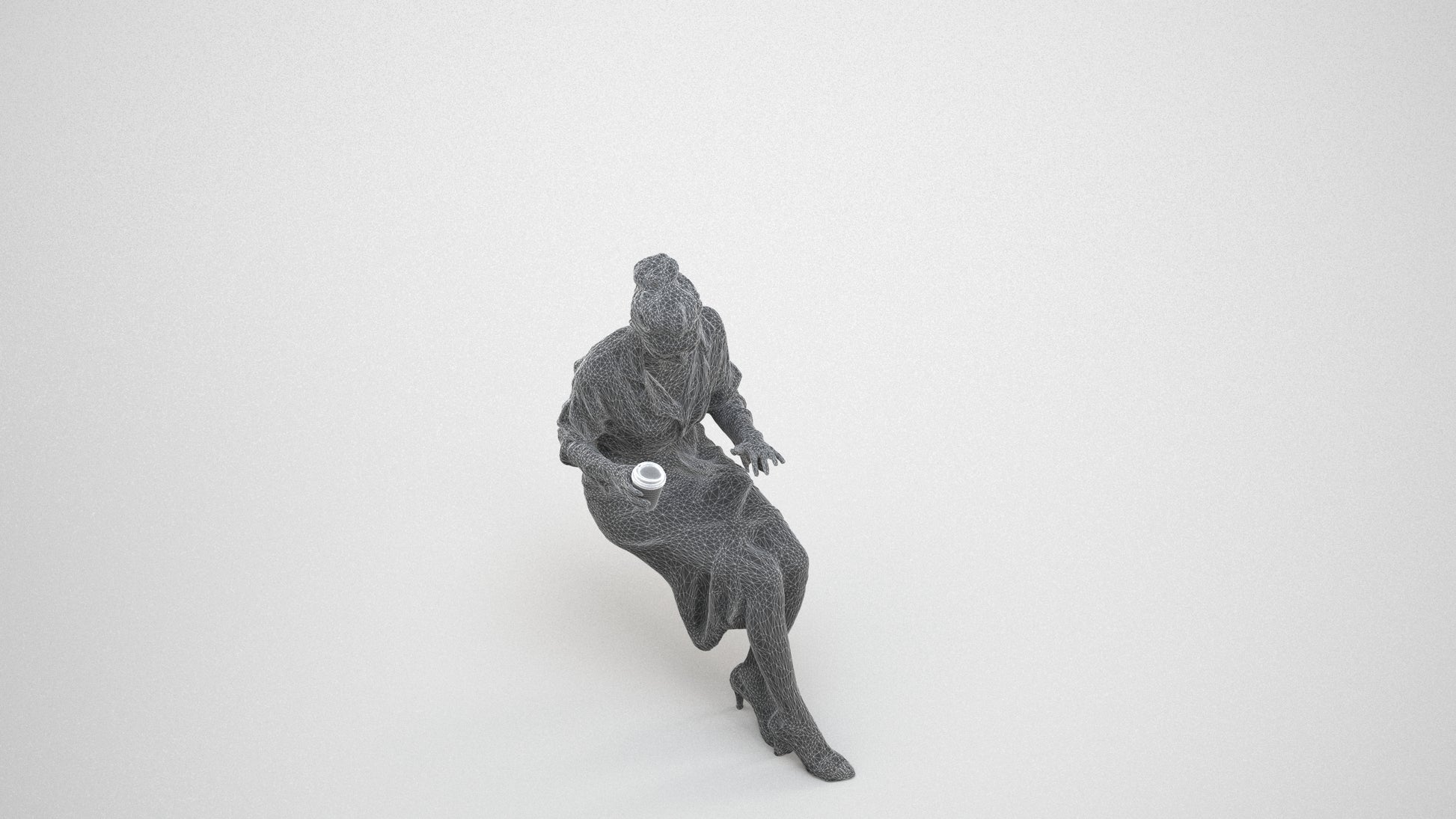realistic 3D people woman casual sitting, render-ready for V-Ray and Corona, FBX OBJ, wireframe three-quarter view