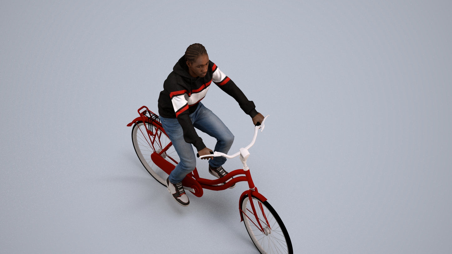 realistic 3D boy casual cycling, scanned archviz people for Blender and 3ds Max, back view render