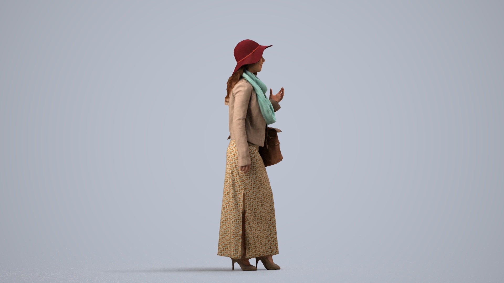 realistic 3D human woman casual standing, archviz people FBX OBJ for Blender, side view render