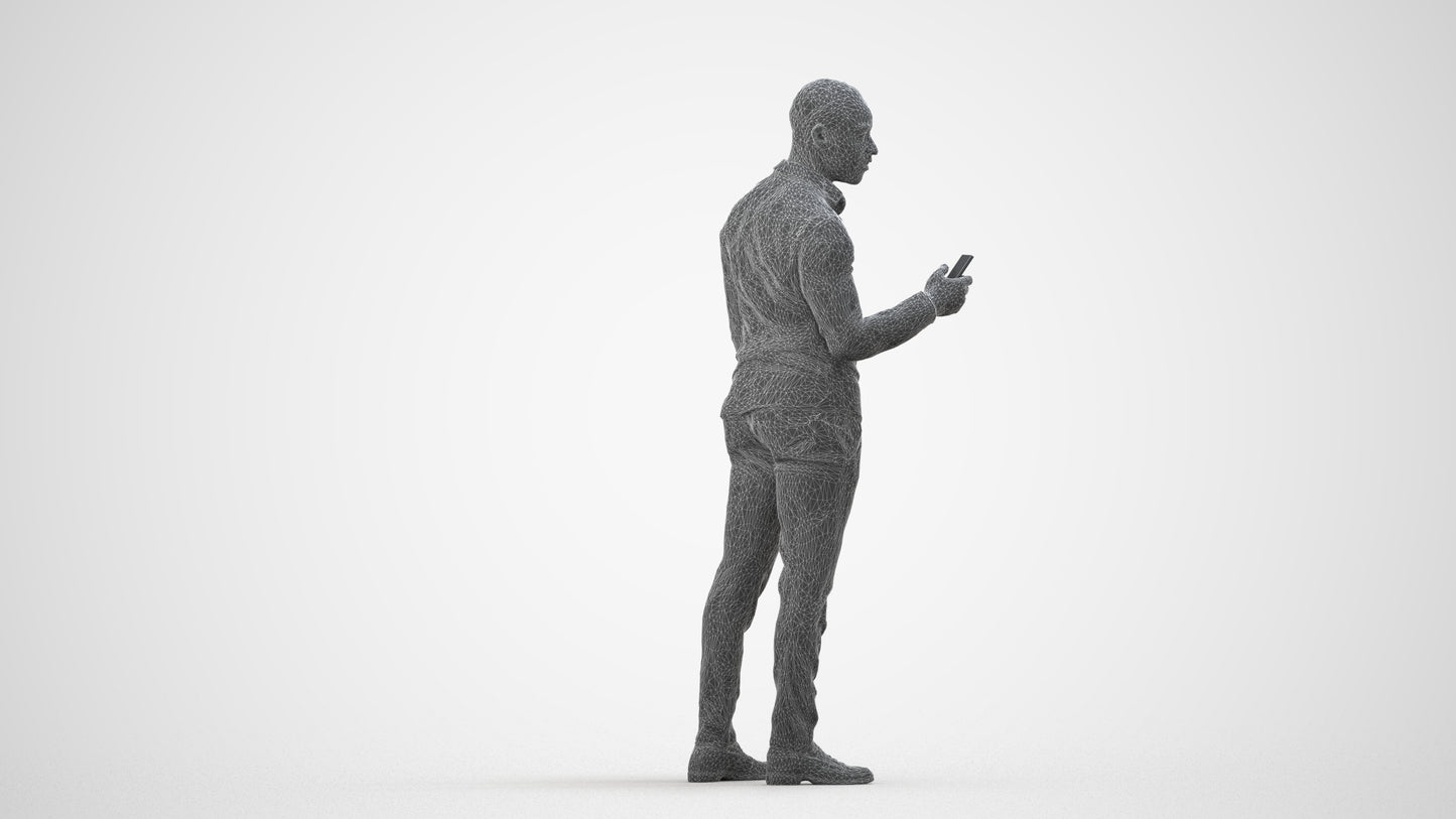 photogrammetry 3D man business standing, realistic human model archviz FBX, wireframe side view