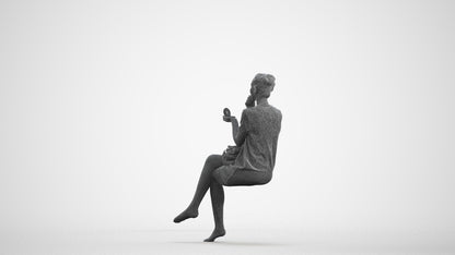 realistic 3D woman casual sitting, scanned archviz people for Blender and 3ds Max, wireframe front view