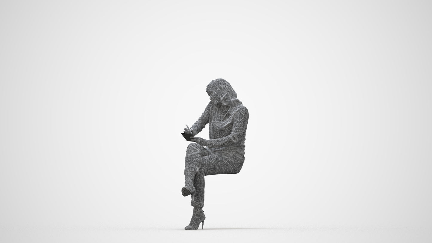 realistic 3D human woman casual sitting, archviz people FBX OBJ for Blender, wireframe back view
