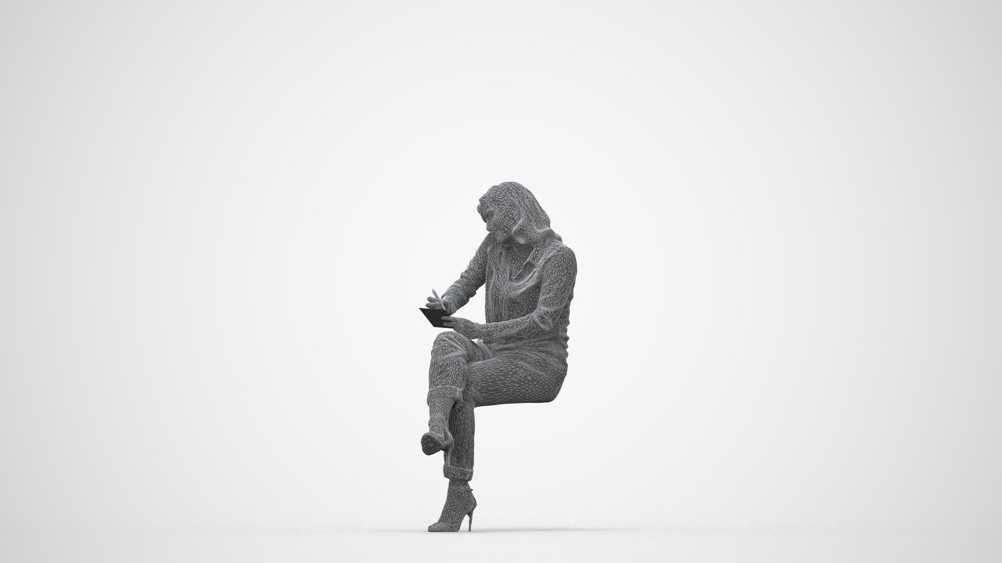 realistic 3D human woman casual sitting, archviz people FBX OBJ for Blender, wireframe back view