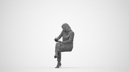 realistic 3D human woman casual sitting, archviz people FBX OBJ for Blender, wireframe back view