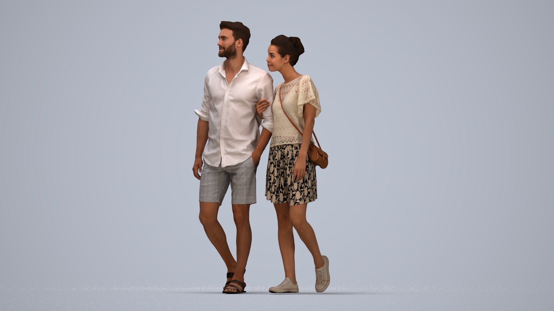 realistic 3D people woman casual couple, render-ready for V-Ray and Corona, FBX OBJ, top-down view render