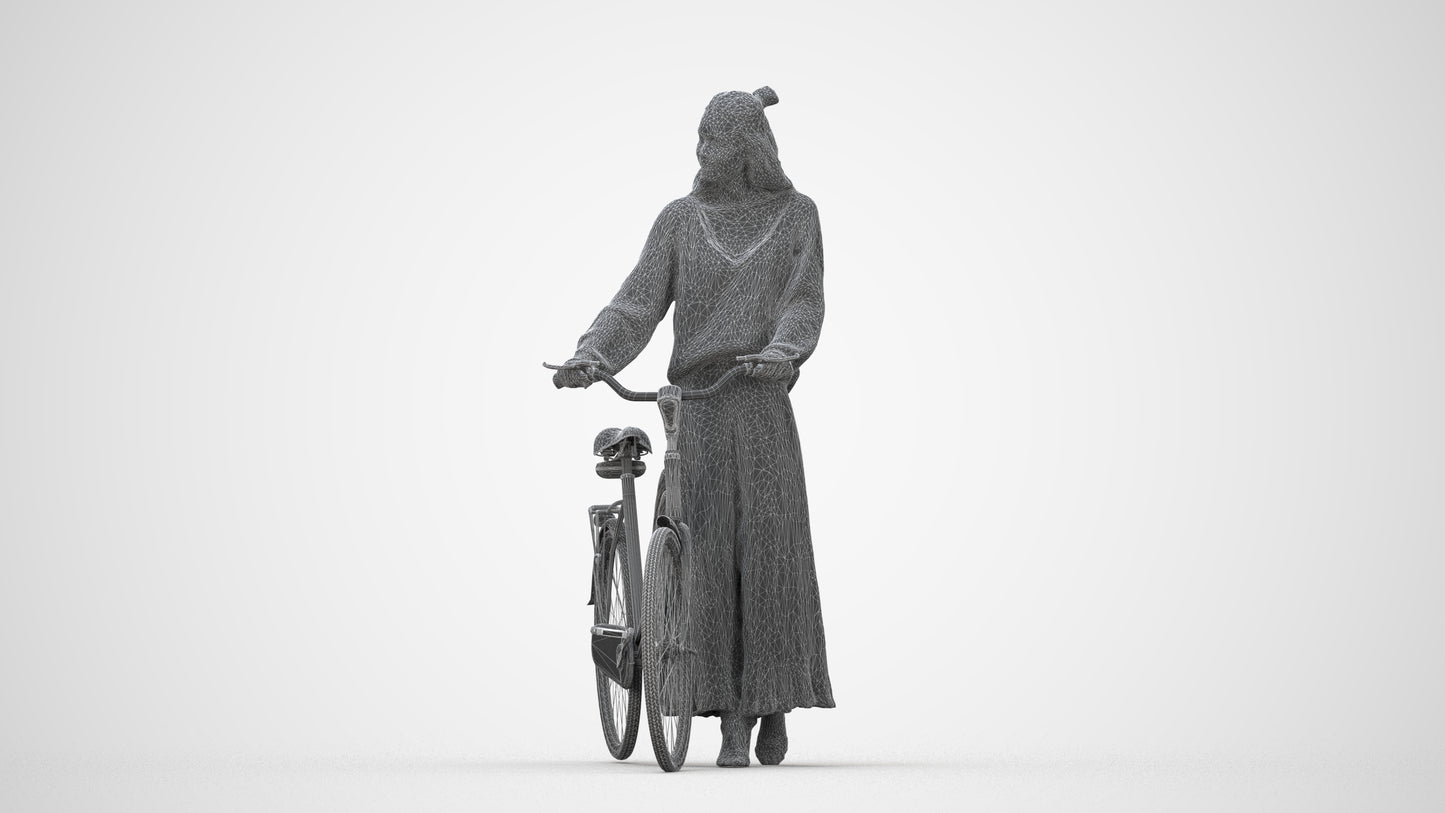 realistic 3D human woman casual cycling, archviz people FBX OBJ for Blender, wireframe back view