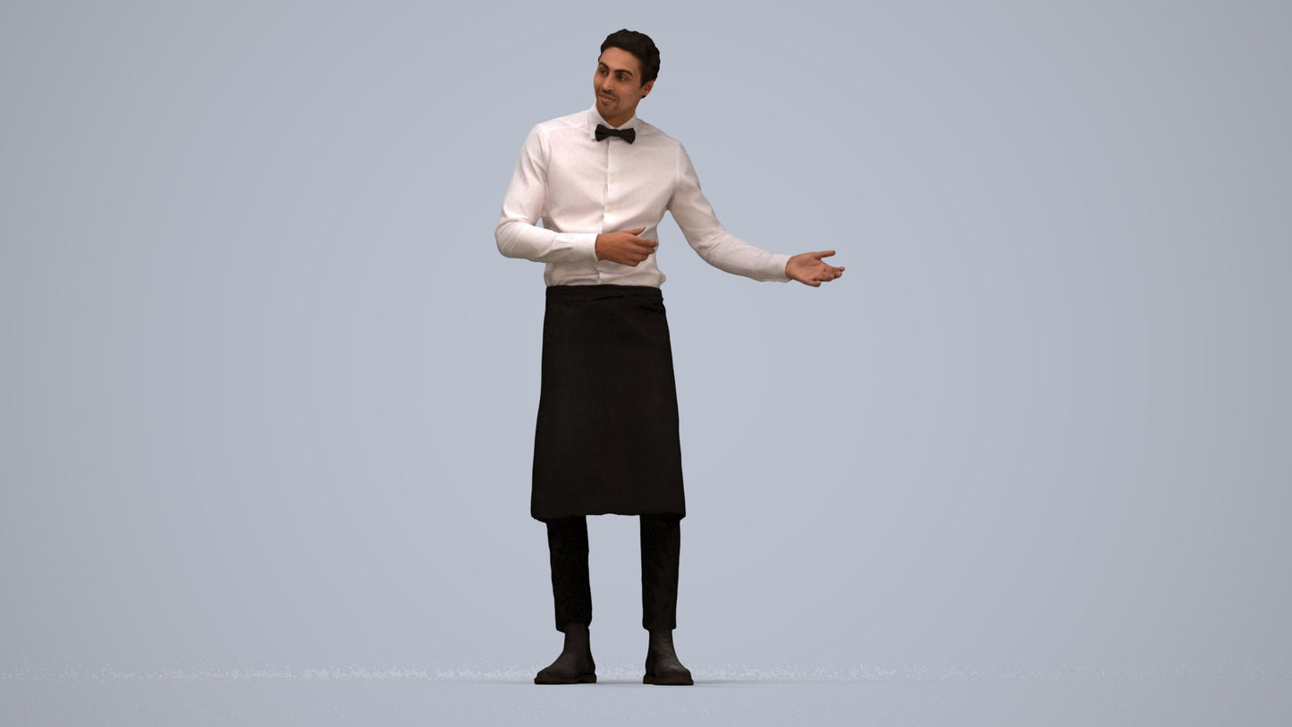 3D human model man hospitality, photogrammetry scanned person for archviz, top-down view render