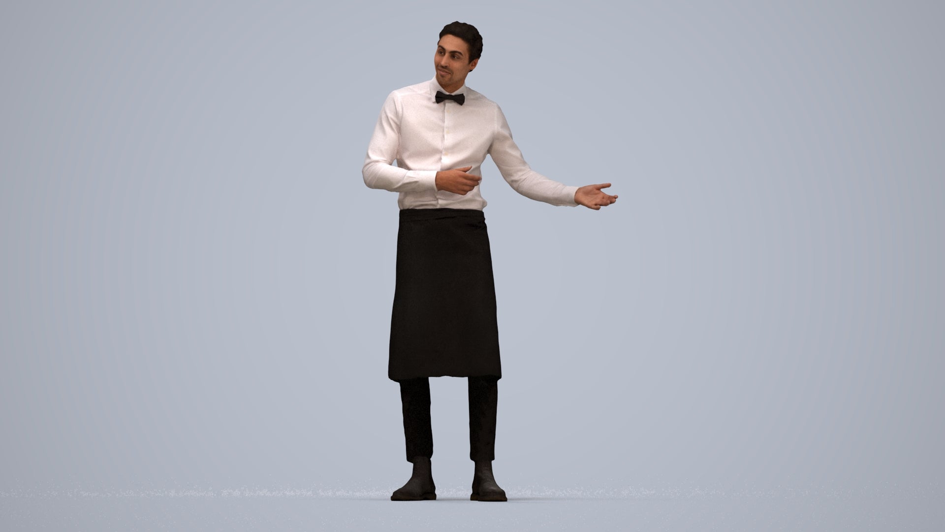 3D human model man hospitality, photogrammetry scanned person for archviz, top-down view render