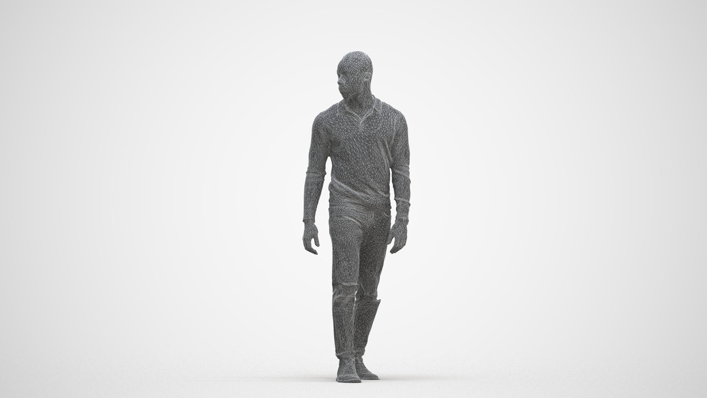 photogrammetry 3D man casual walking, realistic human model archviz FBX, three-quarter front view render