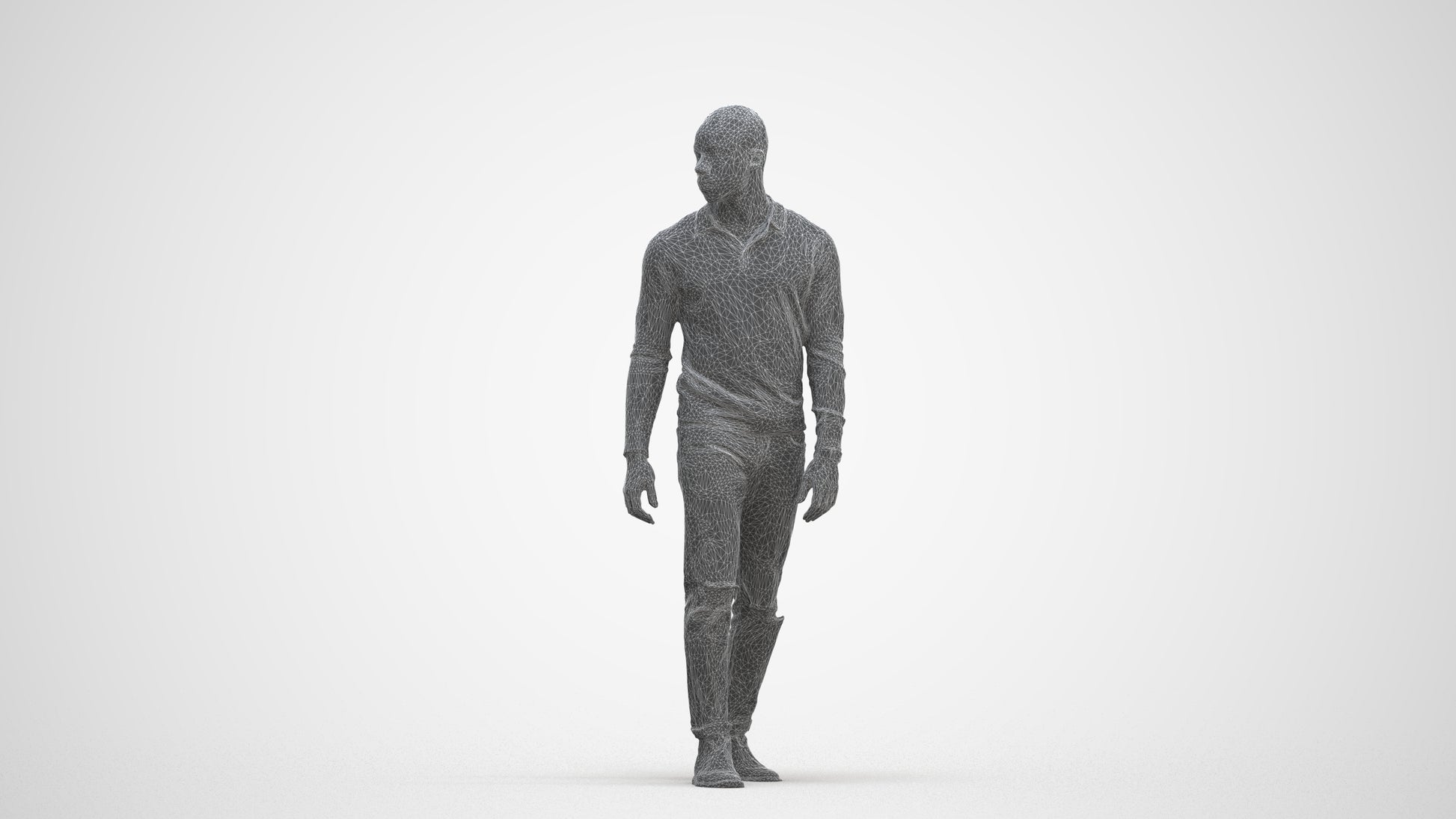 photogrammetry 3D man casual walking, realistic human model archviz FBX, three-quarter front view render