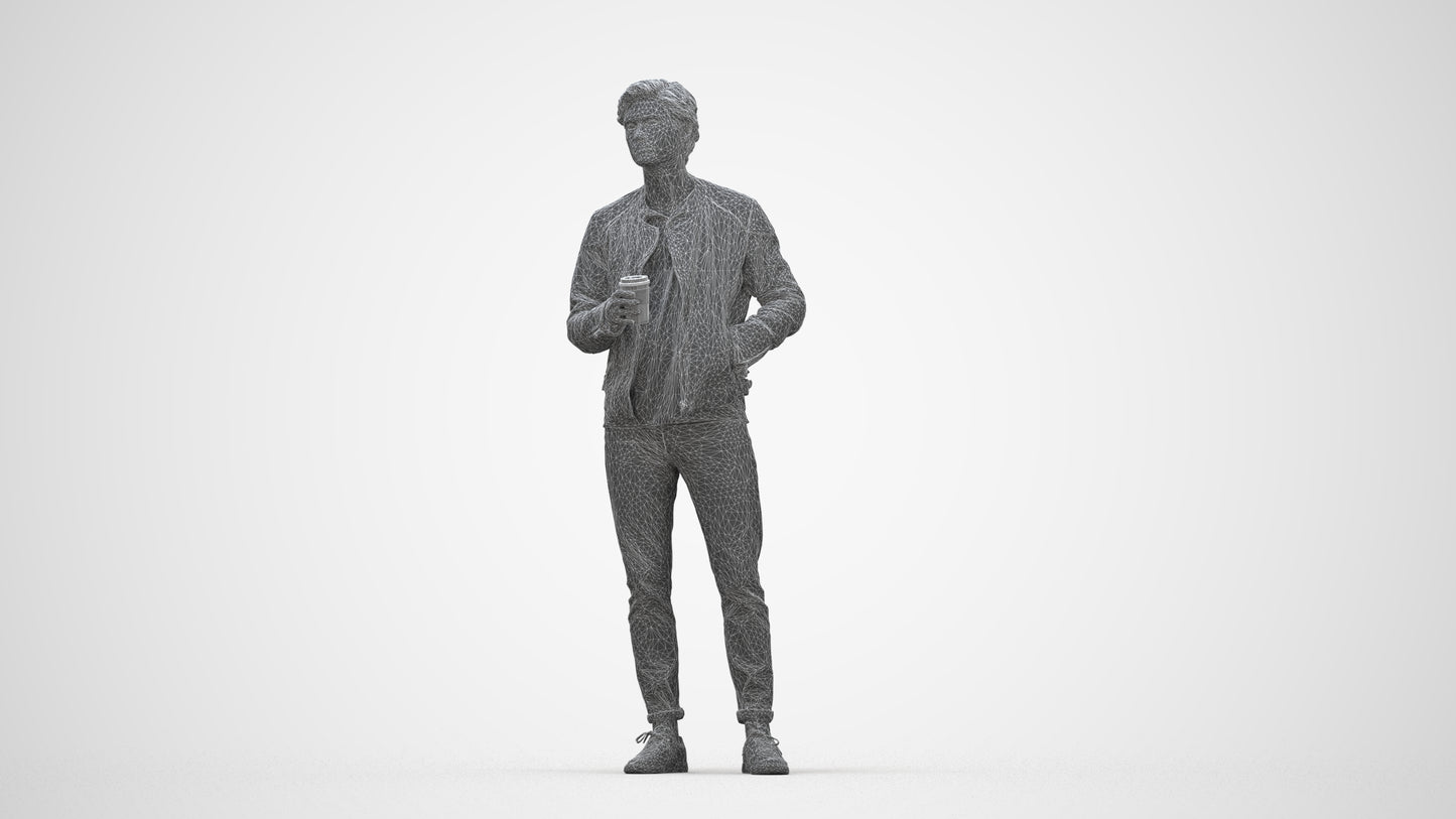 photogrammetry 3D man casual standing, realistic human model archviz FBX, wireframe back view