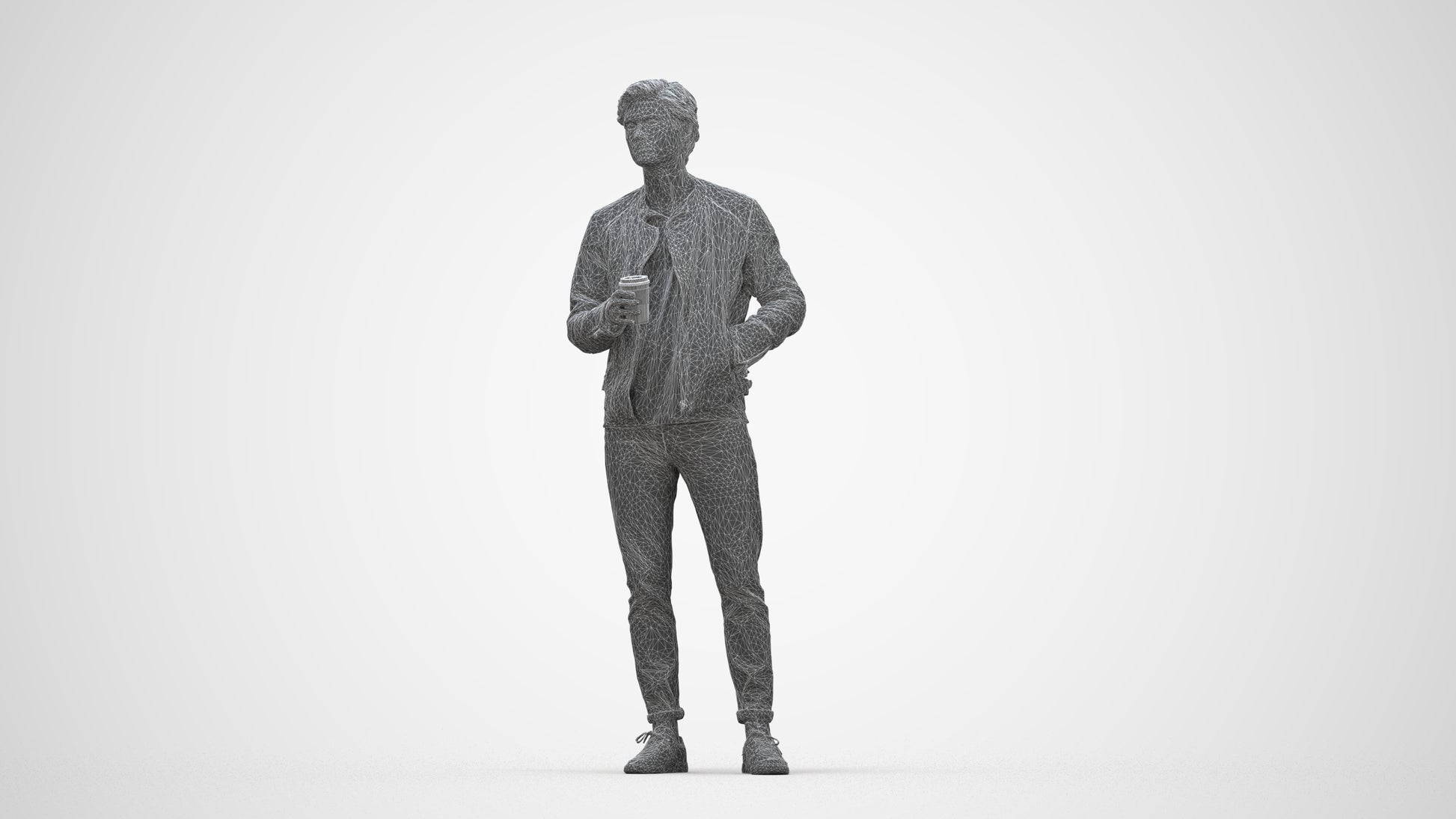 photogrammetry 3D man casual standing, realistic human model archviz FBX, wireframe back view