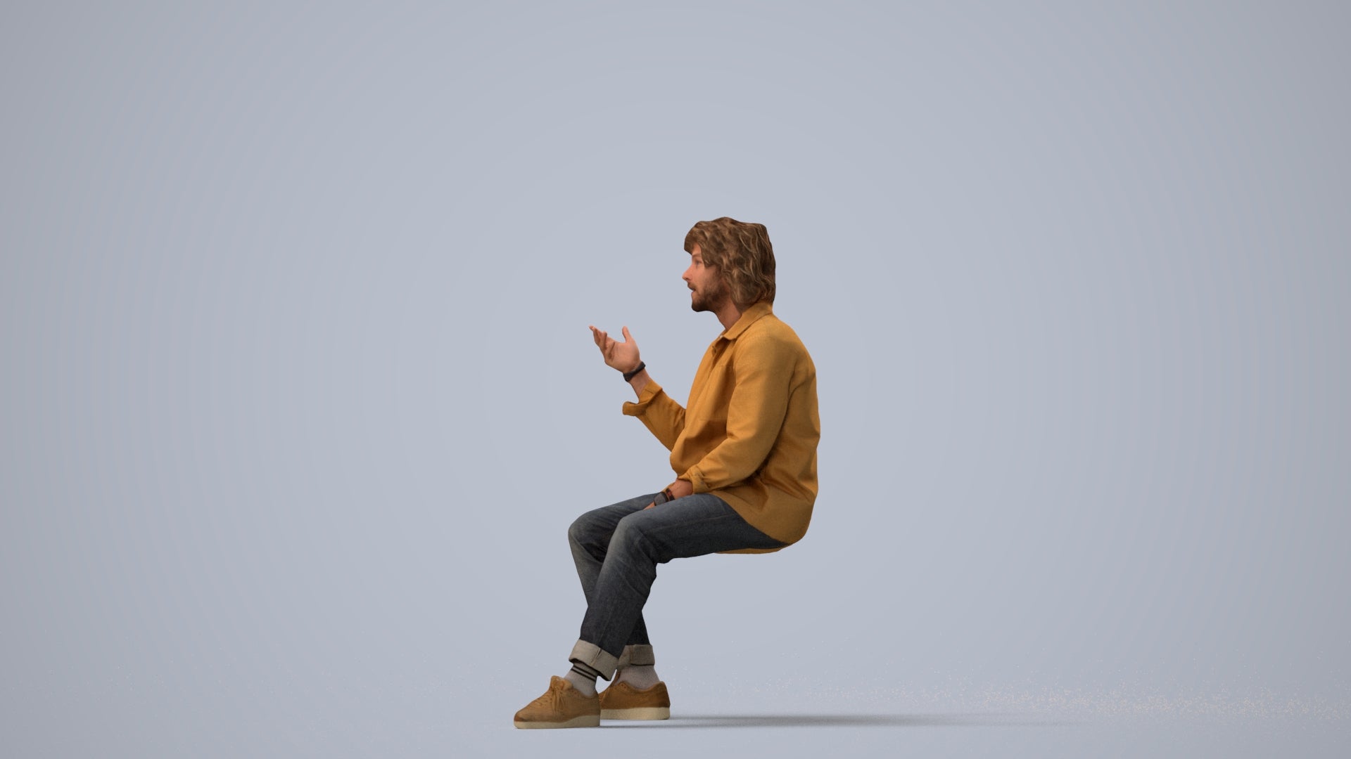 realistic 3D man casual sitting, scanned archviz people for Blender and 3ds Max, three-quarter view render
