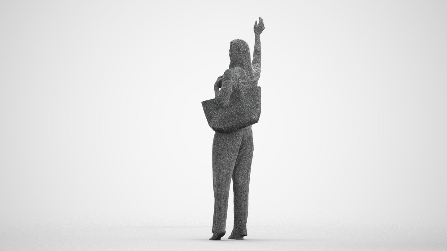 3D scanned woman standing casual, photorealistic archviz people for Enscape and SketchUp, wireframe front view