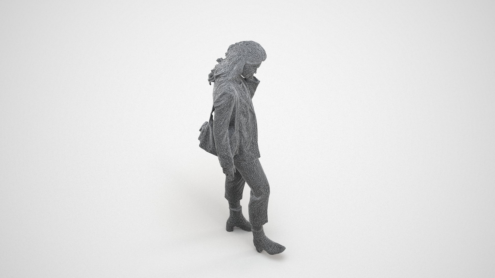 photogrammetry 3D woman business walking, realistic human model archviz FBX, wireframe three-quarter view