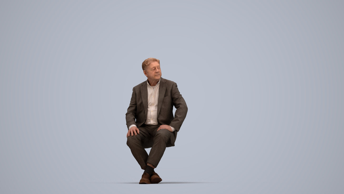 3D people model senior man business sitting, scanned human for 3ds Max rendering, top-down view render