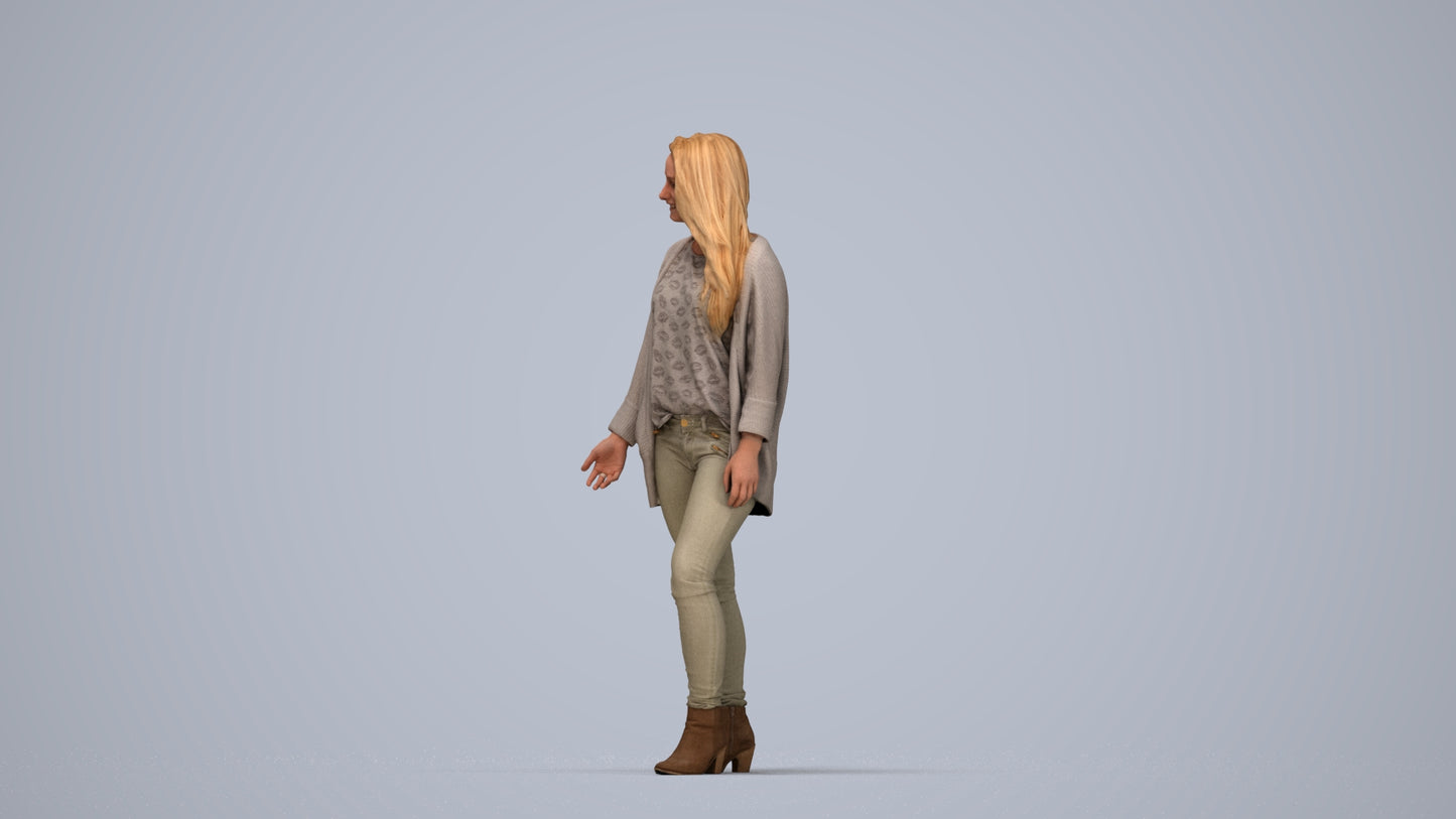 realistic 3D people woman casual standing, render-ready for V-Ray and Corona, FBX OBJ, top-down view render