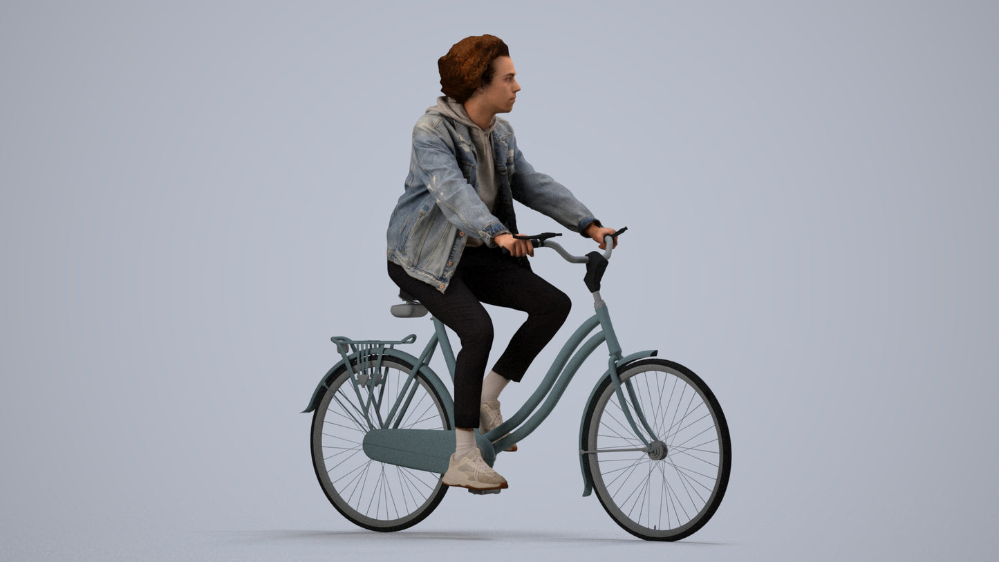 realistic 3D man casual cycling, scanned archviz people for Blender and 3ds Max, side view render