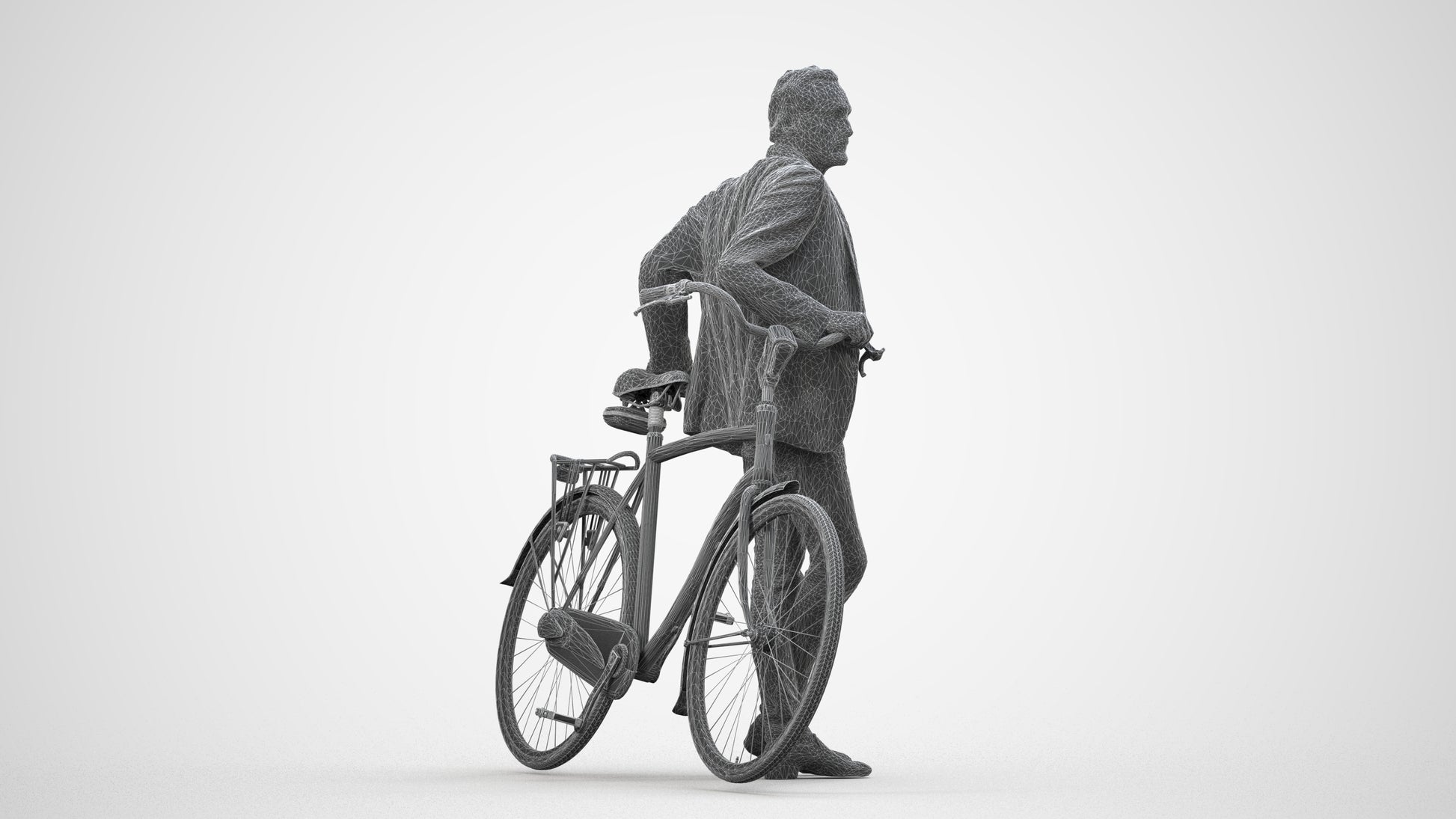 3D human model man business cycling, photogrammetry scanned person for archviz, wireframe side view