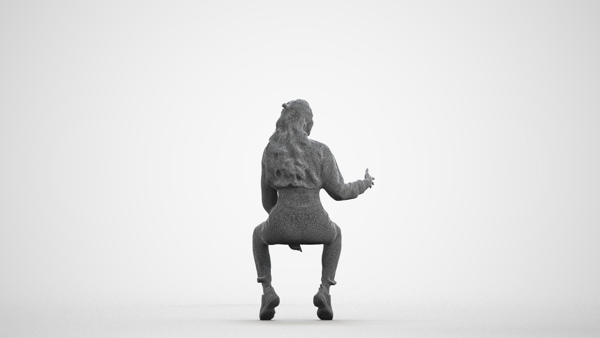3D people model woman sport sitting, scanned human for 3ds Max rendering, wireframe front view