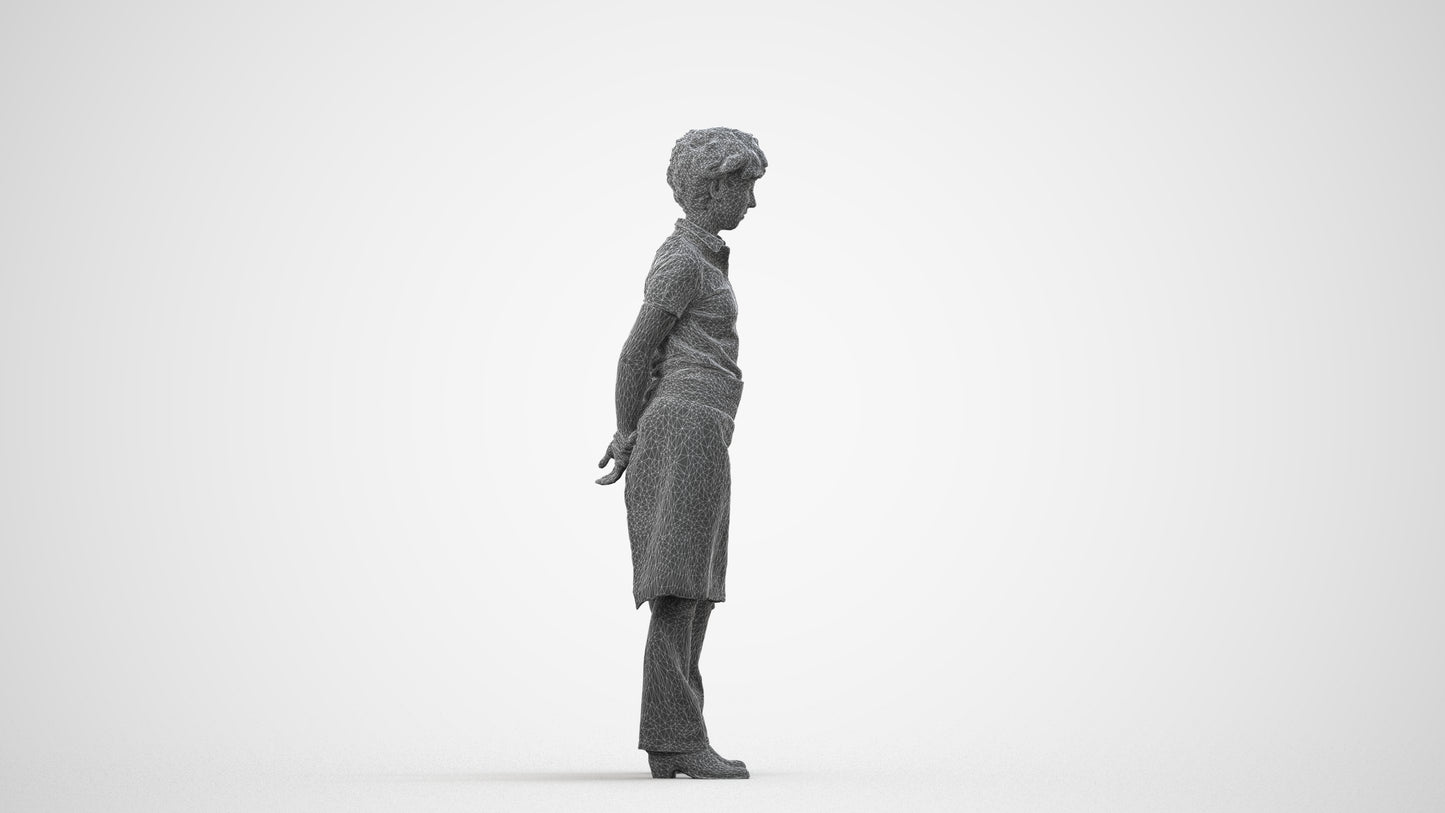 3D scanned woman standing, photorealistic archviz people for Enscape and SketchUp, wireframe side view