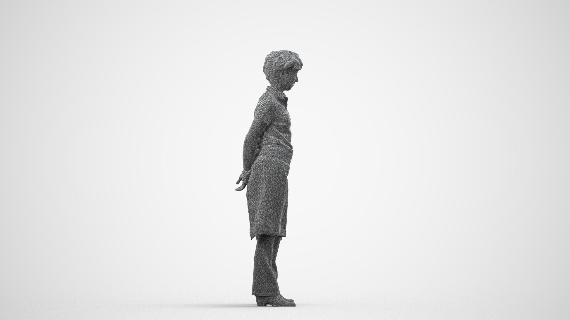 3D scanned woman standing, photorealistic archviz people for Enscape and SketchUp, wireframe side view