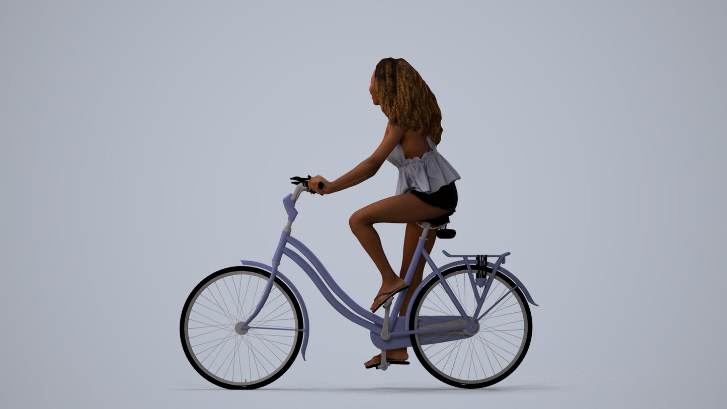 3D scanned woman cycling casual, photorealistic archviz people for Enscape and SketchUp, three-quarter view render
