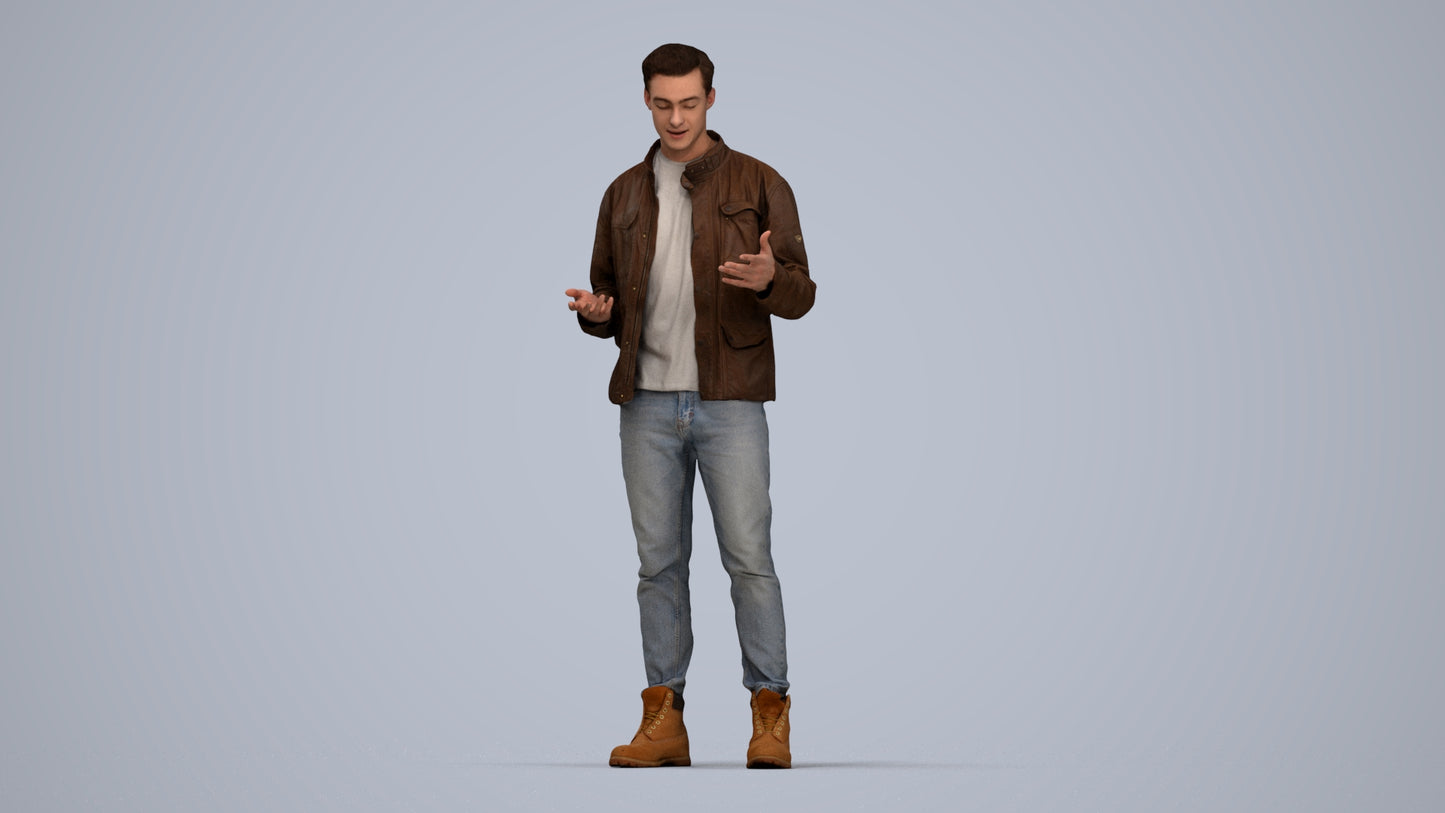 3D human model man casual standing, photogrammetry scanned person for archviz, top-down view render