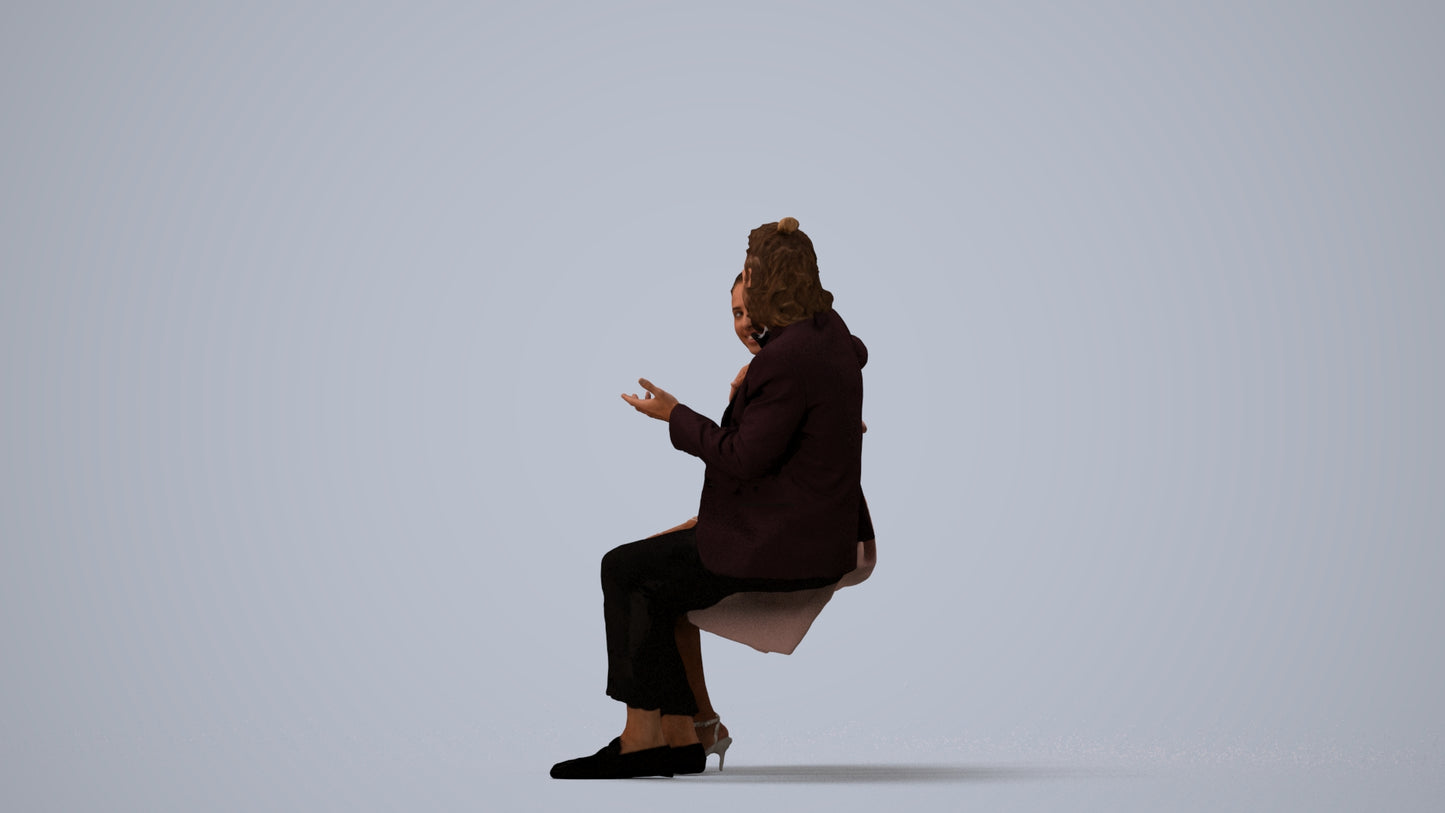 3D human model woman formal sitting, photogrammetry scanned person for archviz, three-quarter view render