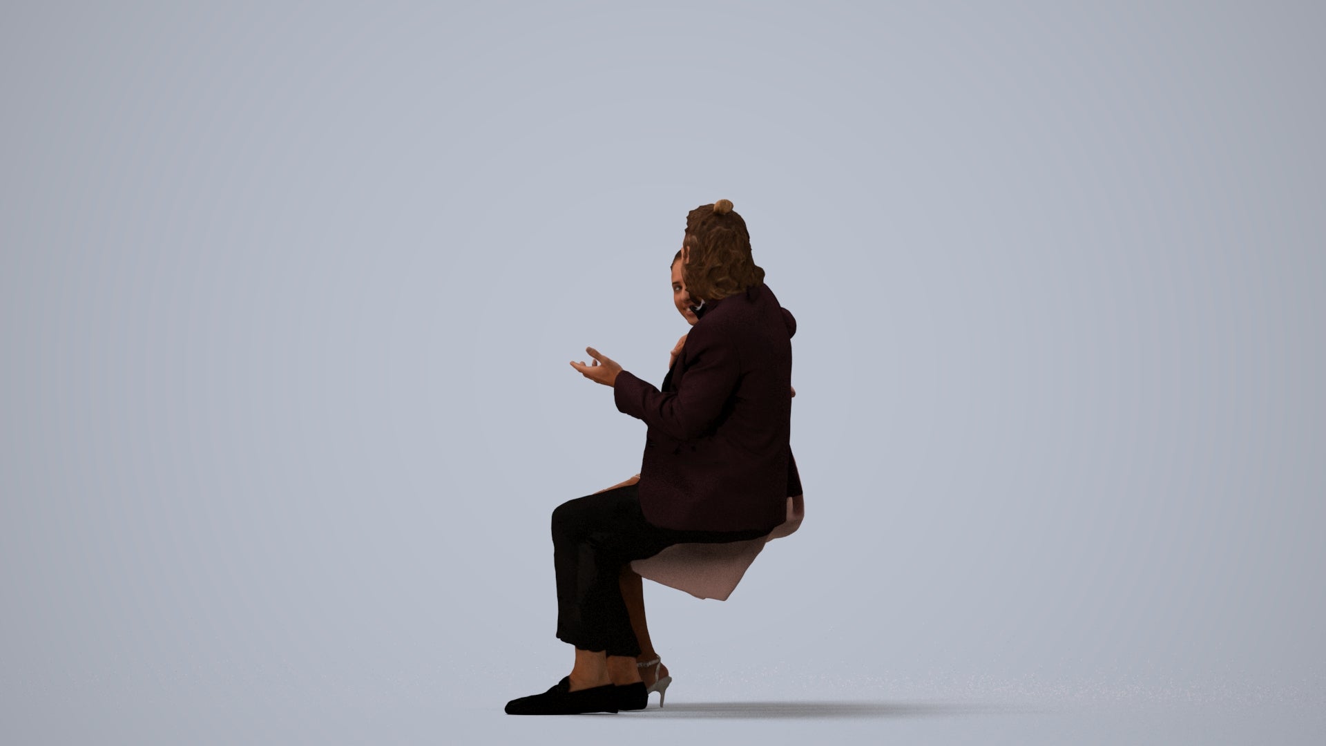 3D human model woman formal sitting, photogrammetry scanned person for archviz, three-quarter view render