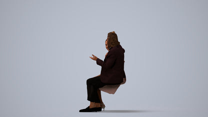 3D human model woman formal sitting, photogrammetry scanned person for archviz, three-quarter view render