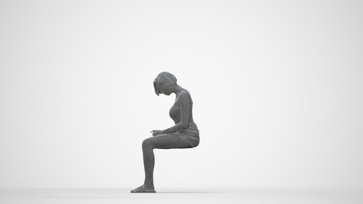 realistic 3D woman casual sitting, scanned archviz people for Blender and 3ds Max, wireframe back view