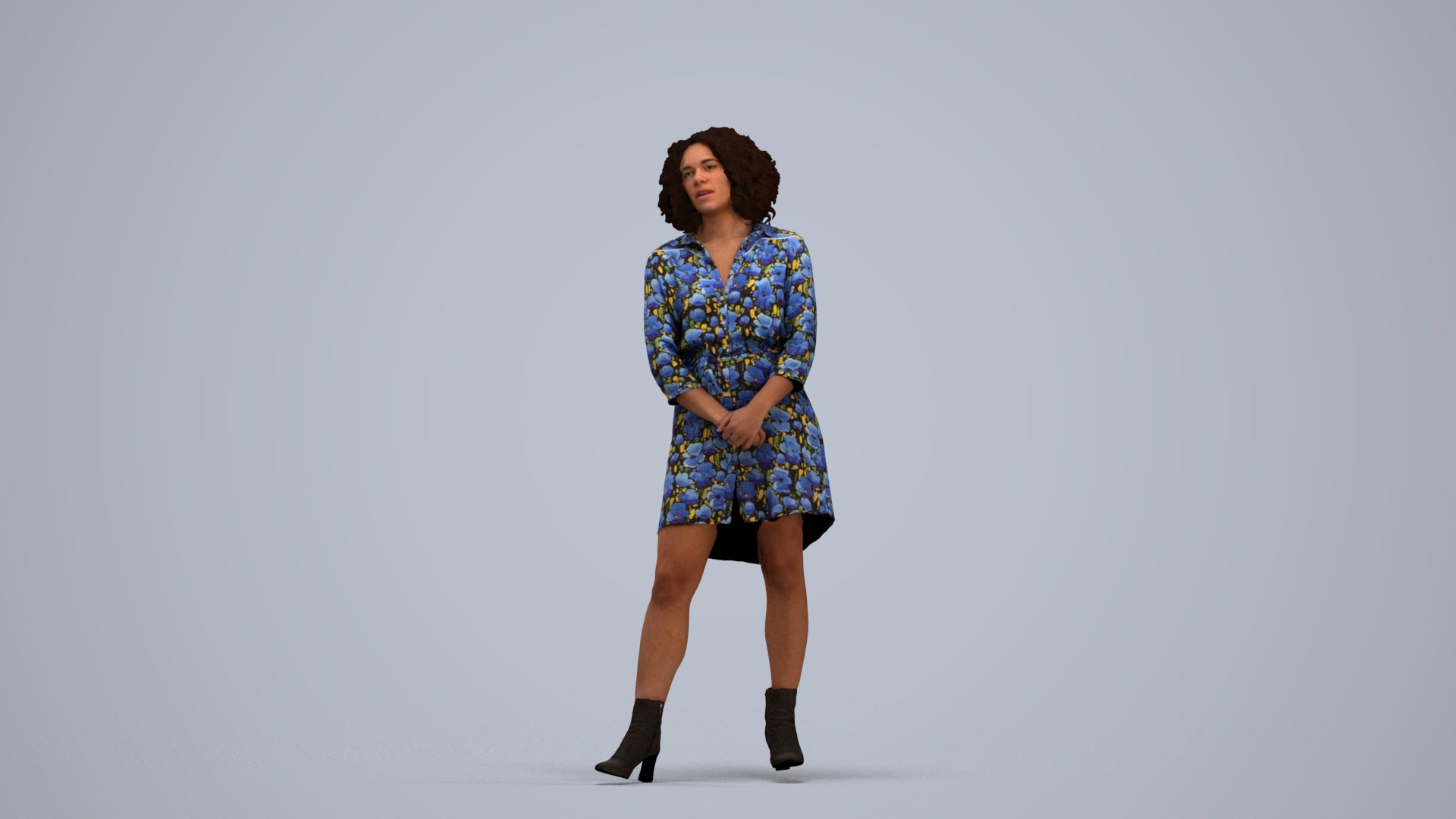 3D human model woman casual standing, photogrammetry scanned person for archviz, standing pose render