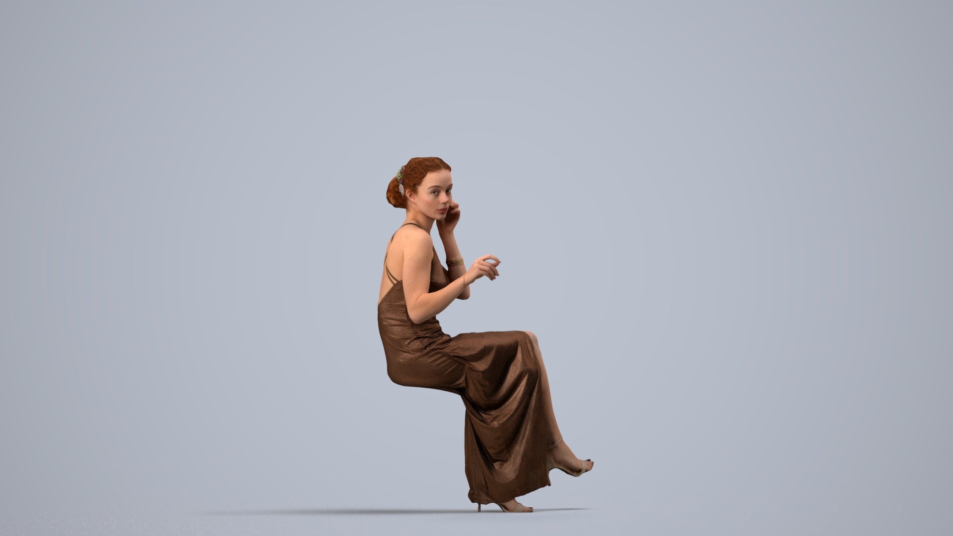 3D human model woman formal formalaffairs, photogrammetry scanned person for archviz, side view render