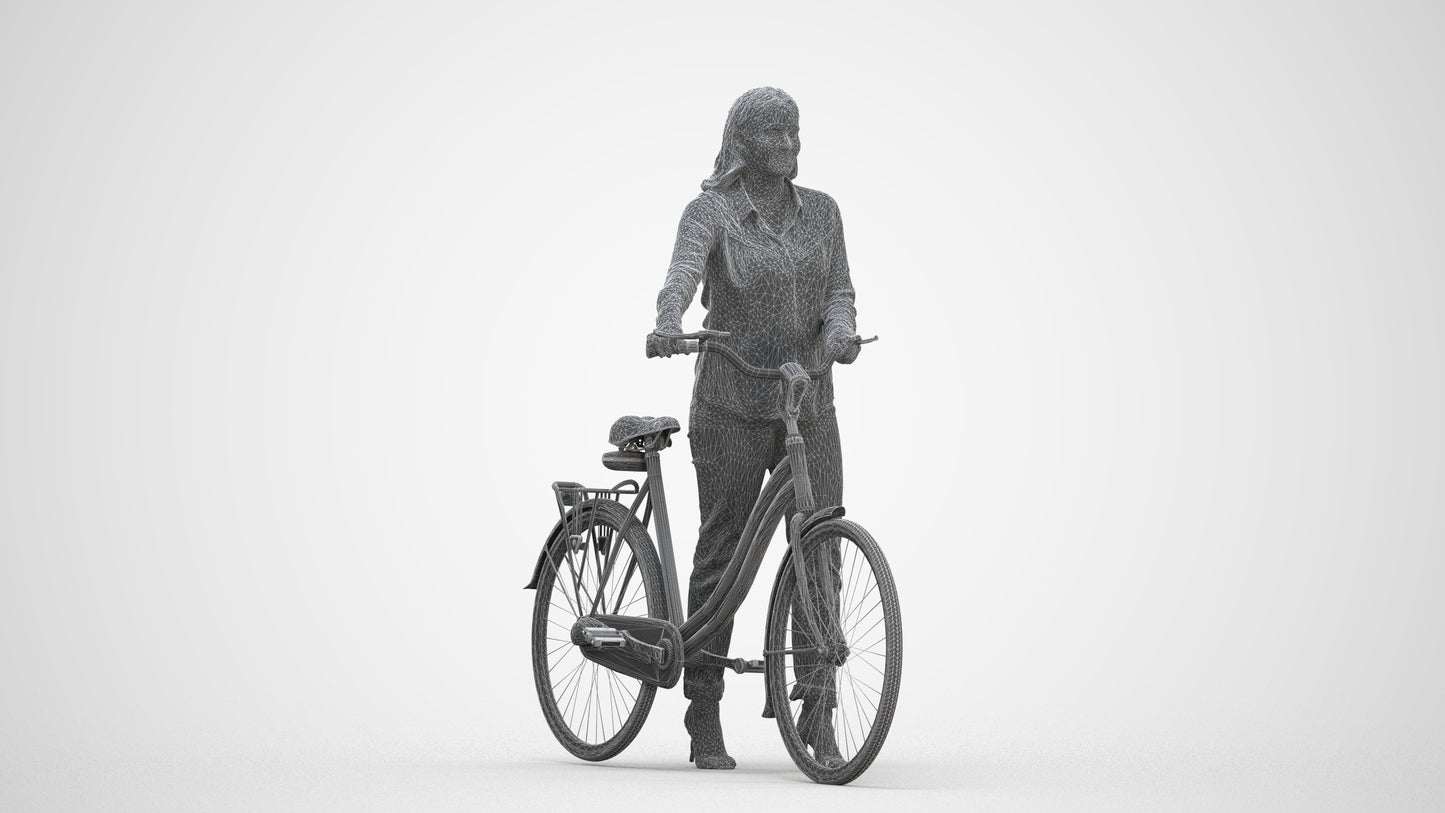 realistic 3D human woman casual cycling, archviz people FBX OBJ for Blender, three-quarter front view render
